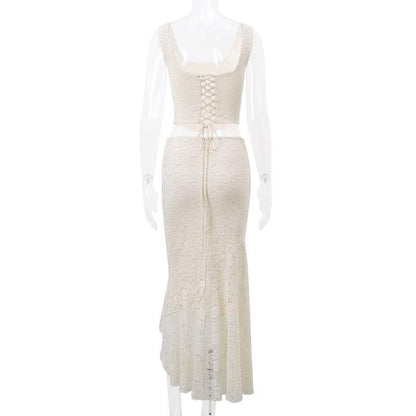 Sleeveless u neck backless lace up solid ruched midi skirt set