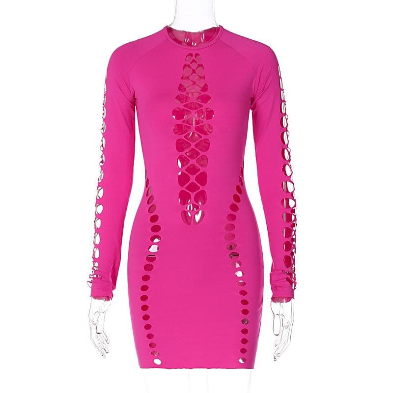 Crew Neck Long Sleeve Hollow-Out Cutout Bodycon Mini Dress
