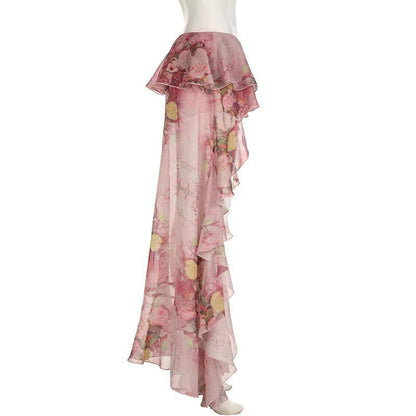 Chiffon flower print ruffle maxi skirt