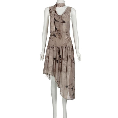 Sleeveless cowl neck print irregular ruched midi dress