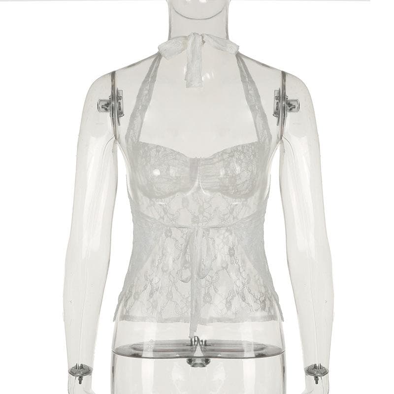 Halter lace see through ruched top