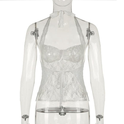 Halter lace see through ruched top