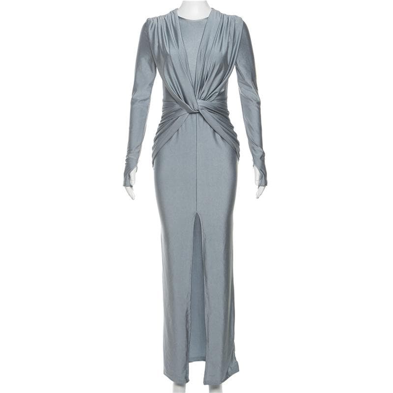 Knotted slit solid long sleeve ruched maxi dress