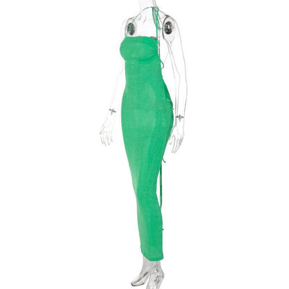 Halter Criss Cross Tie Back Cowl Back Maxi Dress