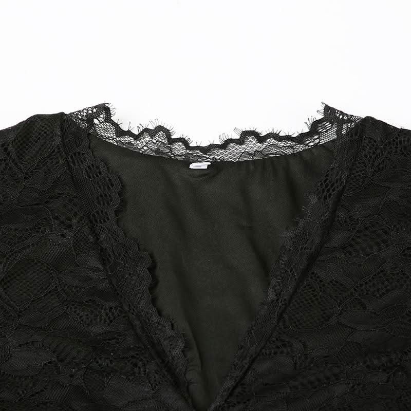 V neck long sleeve lace self tie mini dress
