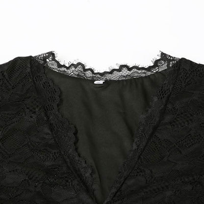 V neck long sleeve lace self tie mini dress