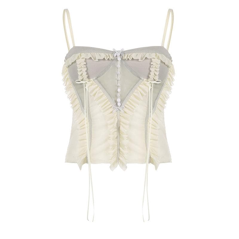 Mesh patchwork ruffle button contrast backless cami ruched skirt set