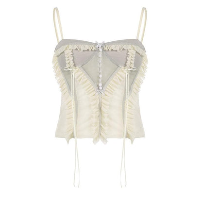 Mesh patchwork ruffle button contrast backless cami ruched skirt set