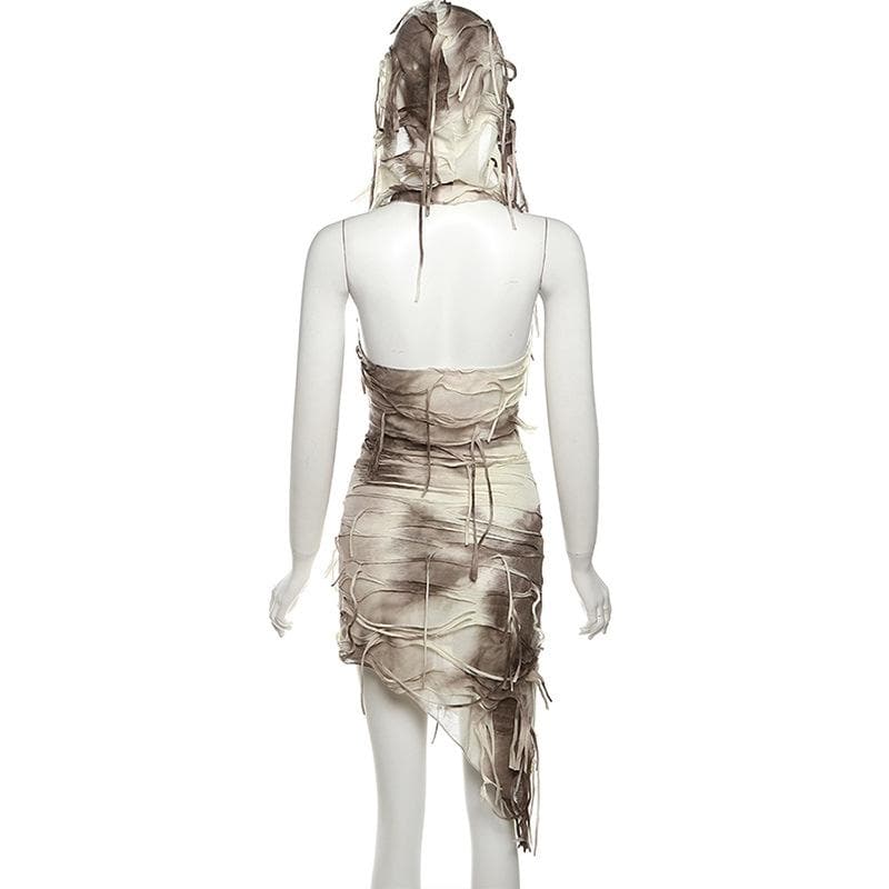 Cowl neck hoodie tie dye irregular mini dress