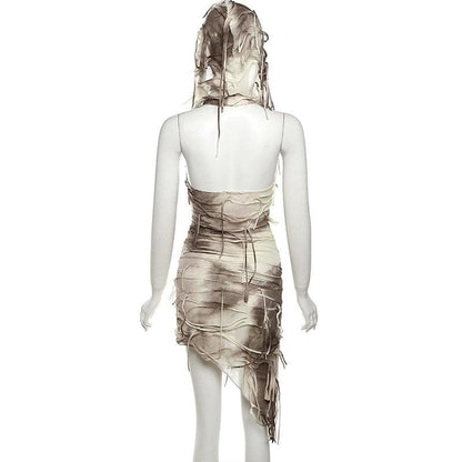 Cowl neck hoodie tie dye irregular mini dress