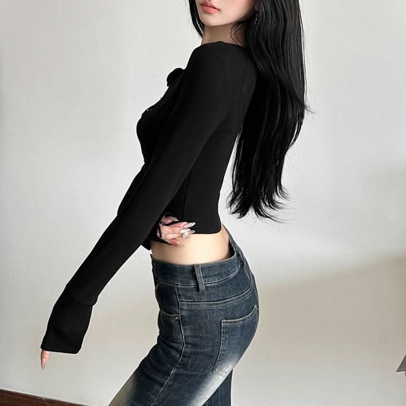 Long sleeve crewneck hollow out lace ribbed cut out top