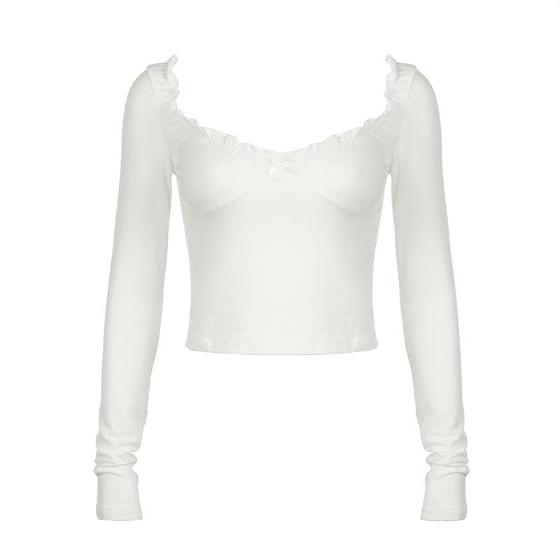 Long sleeve bowknot sweetheart neck ruffle top