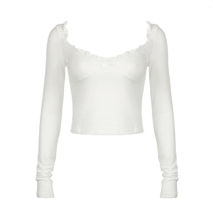 Long sleeve bowknot sweetheart neck ruffle top