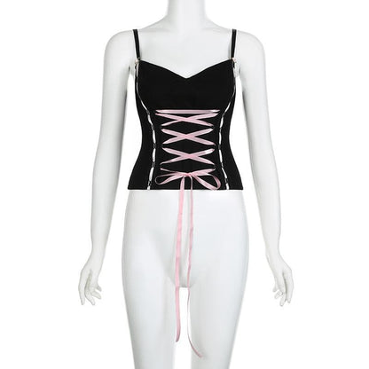 Lace up stitch ribbon sweetheart neck bustier cami top