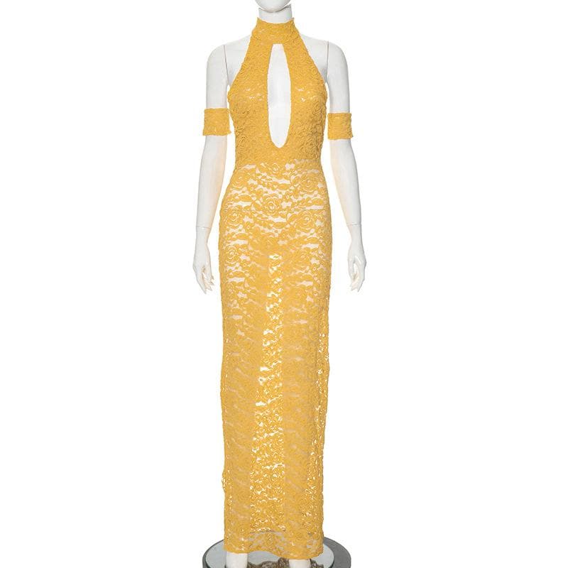 Halter hollow out lace backless cut out maxi dress