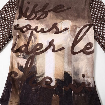 Fishnet long sleeve hollow out mesh contrast cut out top