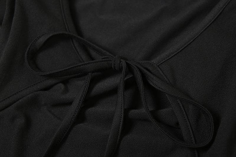 Long sleeve u neck backless self tie solid jumpsuit