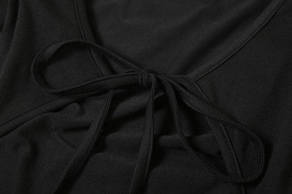 Long sleeve u neck backless self tie solid jumpsuit