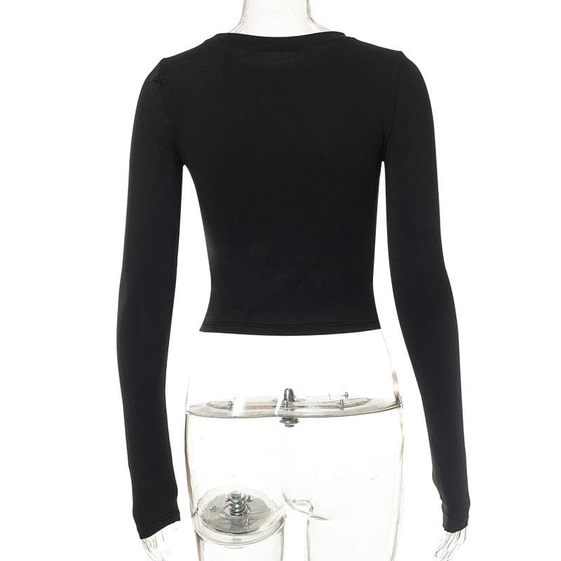 Long sleeve abstract contrast round neck crop top