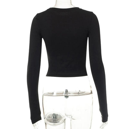 Long sleeve abstract contrast round neck crop top