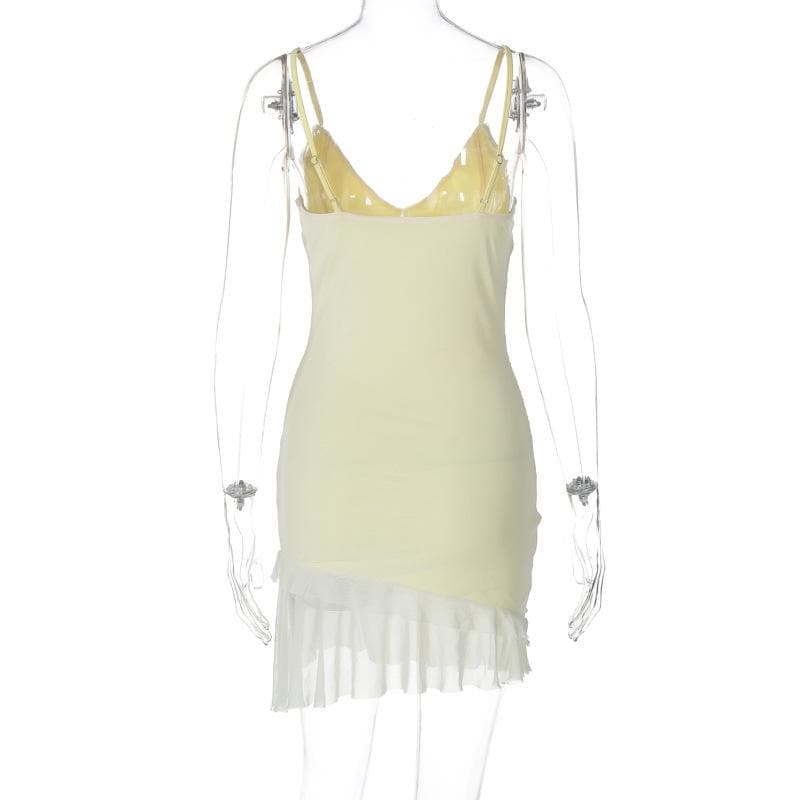 V neck ruffle hollow out ruched mesh cami cut out mini dress