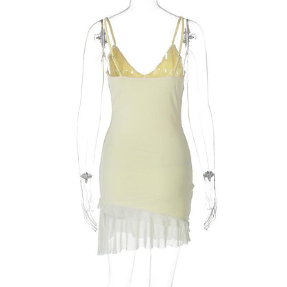 V neck ruffle hollow out ruched mesh cami cut out mini dress