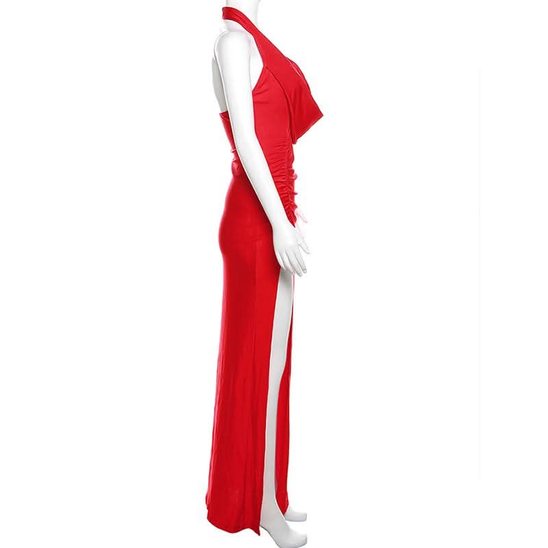 Ruched high slit cowl neck backless maxi dress