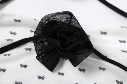 Halter self tie ruched flower applique bowknot print top