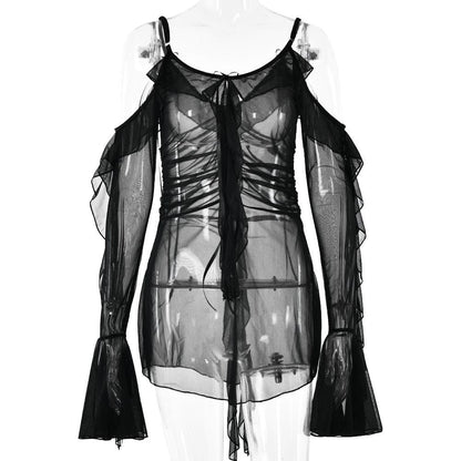 Long flared sleeve Off shoulder sheer mesh ruffle mini dress