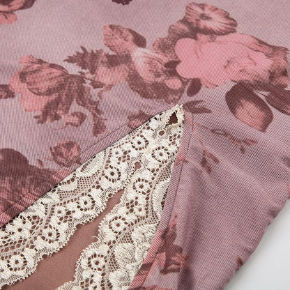 Lace hem slit v neck rose print cami mini dress