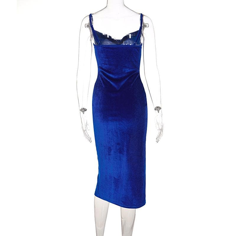 Spaghetti Strap Ruched Side Slit Velvet Bodycon Midi Dress