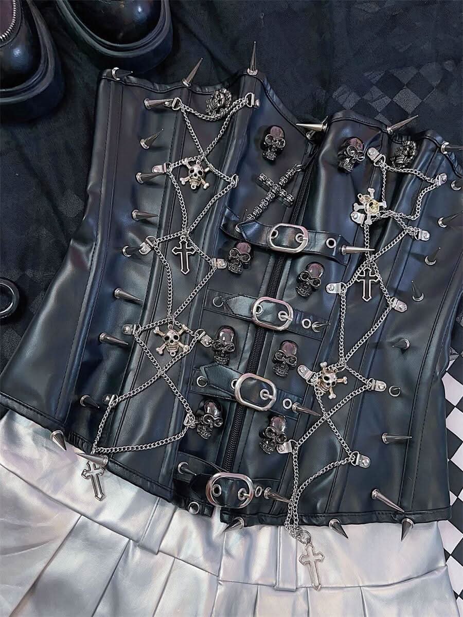 Cross applique PU leather rivet buckle bustier tube top