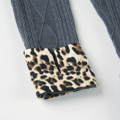 Long sleeve leopard print turnover collar textured top