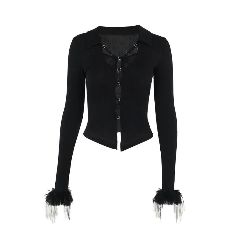 Turnover collar long sleeve fluffy button knitted top