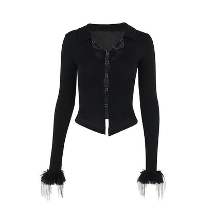 Turnover collar long sleeve fluffy button knitted top
