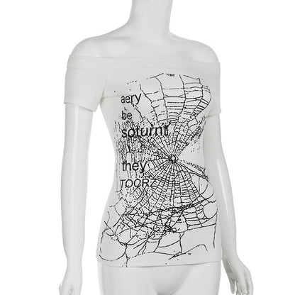 Off shoulder ribbed spider web print top