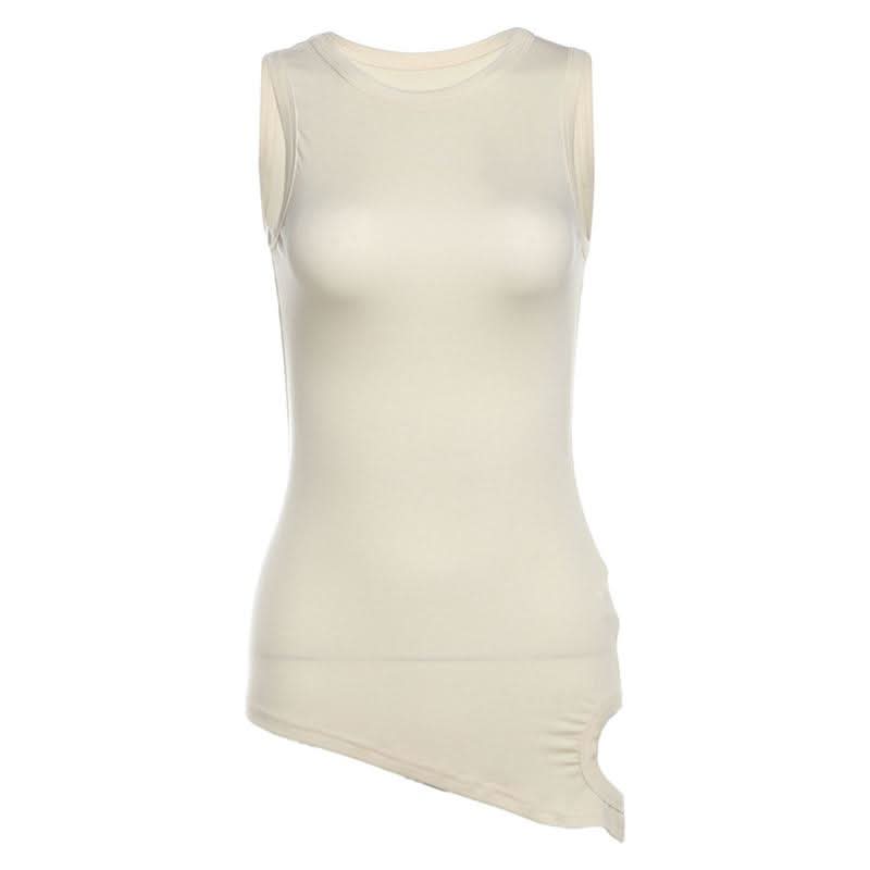 Crewneck irregular hollow out sleeveless solid cut out top