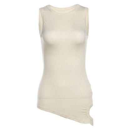 Crewneck irregular hollow out sleeveless solid cut out top