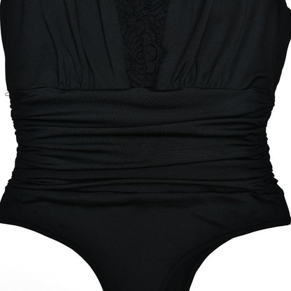 V neck lace hem ruched solid bodysuit