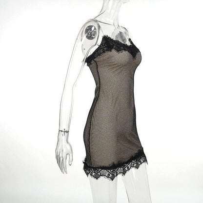 Lace glitter patchwork zip-up v neck cami mini dress