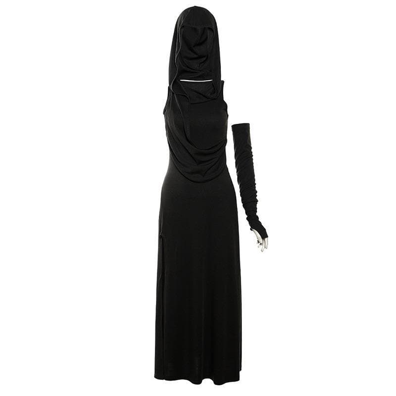 Hooded Ruched Diagonal Drape Detached Sleeve Slit Maxi Dress