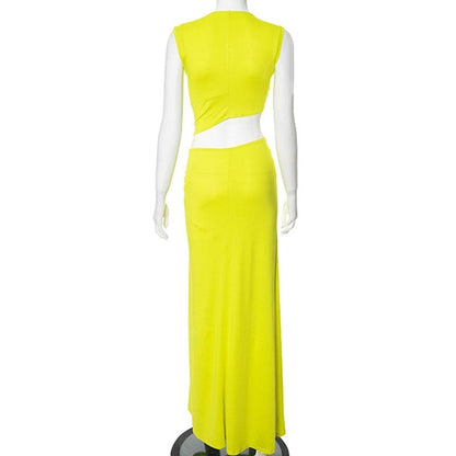 V neck sleeveless high slit ruched maxi dress