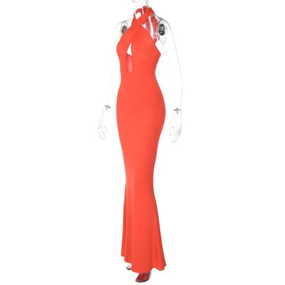 Cross front solid hollow out halter backless 2-way cut out maxi dress-final-sale
