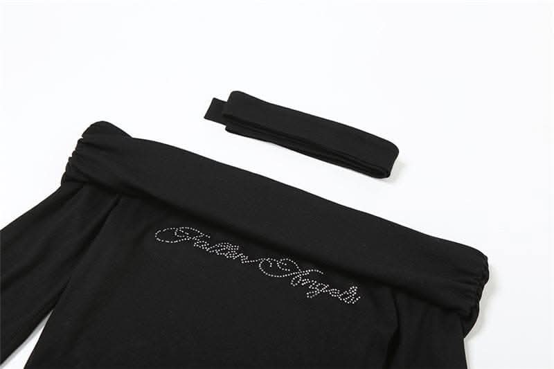 Beaded off shoulder long sleeve ruched solid top-final-sale