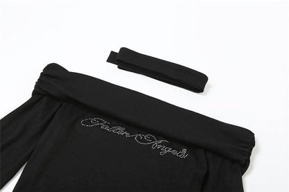 Beaded off shoulder long sleeve ruched solid top-final-sale