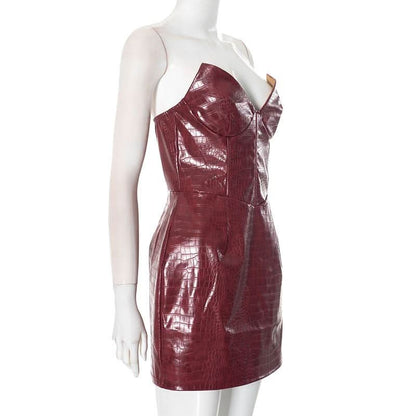 Zip-up PU leather sweetheart neck tube mini dress