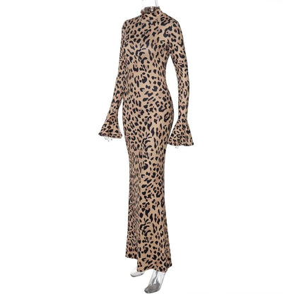 Long flared sleeve leopard print high neck maxi dress