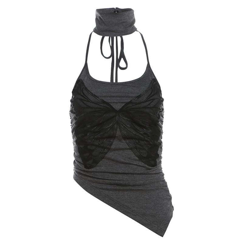 Halter high neck butterfly print irregular top