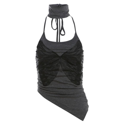 Halter high neck butterfly print irregular top