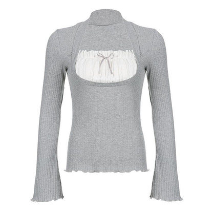 Ruched patchwork contrast long sleeve ruffle top